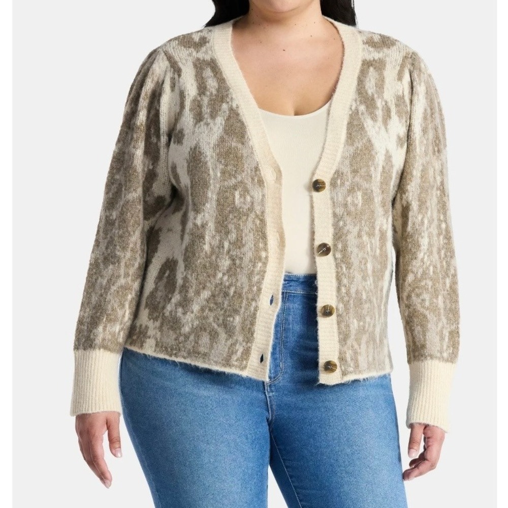 Terra & Sky Women's Beige Animal Leopard Print Button Up Cardigan Sweater 3X